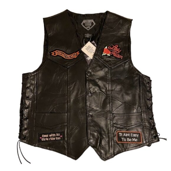 Diamond Plate Jackets & Blazers - Diamond Plate Women's Leather Biker Vest Moto Classic Black Rare Patches Size M